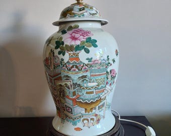 Antique chinese porcelain famille rose qing qianjiang antiquities poem vase lamp 22"