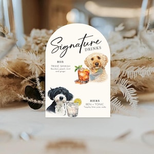 Letrero acrílico para menú de bar de bodas, letrero de bebidas de autor, letrero de barra libre con retrato de mascota, letrero de perro con bebidas de autor, letrero de boda con perro, letrero de barra libre