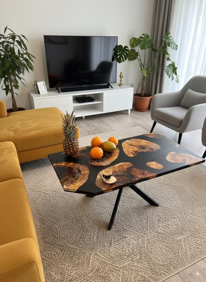 Table Basse En Bois Massif Et Résine Noire - Design Organique Sur Mesure