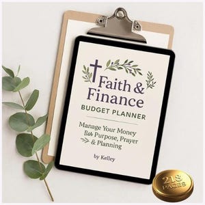 May include: A Faith & Finance budget planner with a cream cover, featuring a purple cross and green leaf illustrations. The text reads Faith & Finance BUDGET PLANNER, Manage Your Money With Purpose, Prayer & Planning by Kelley. Includes a gold 218 pages icon.