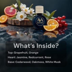 May include: A black glass bottle with a gold label that reads "AVA Althea". The bottle is filled with a clear liquid and has a wooden cap. The bottle is surrounded by fruit, including a grapefruit, an orange, and red berries.