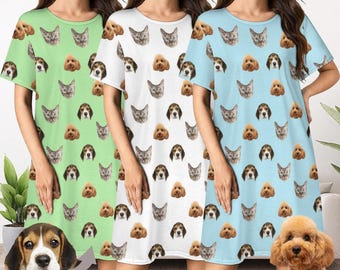 Custom Womens Night Dress, Pet Faces on Pajamas, Night Gown with Faces, Pajama Dress, Personalized Womens Night Dress With Dogs & Cats