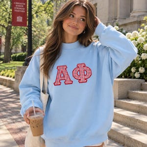 May include: A light blue crewneck sweatshirt featuring the Greek letters Alpha and Phi in a red and white gingham pattern on the chest. The long-sleeved pullover has a ribbed collar, cuffs, and hem, providing a relaxed fit for casual wear.
