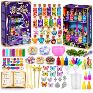 May include: A Zydane Potion Set craft kit featuring a box, numerous small glass bottles with cork stoppers, colorful beads, plastic butterflies, star-topped stirrers, funnels, a measuring cup, small bowls, and an instruction booklet.