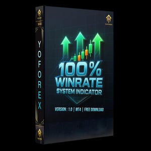 May include: A dark blue box featuring the text "100% WINRATE SYSTEM INDICATOR" and green upward arrows. The box also has the text "YOFOREX" vertically on the side and "VERSION: 1.0 | MT4 | FREE DOWNLOAD".