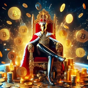 May include: Digital artwork of a crowned figure on a throne, wearing a red cape. Gold coins with Bitcoin symbols surround the figure and are piled at the base, representing wealth and cryptocurrency.