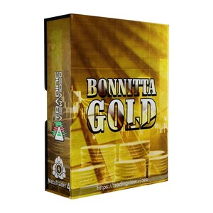May include: A gold-toned box with the words "BONNITTA GOLD" in large, bold letters. The box features stacks of gold coins and the text "tradingview.video". The side of the box has the text "TRADING VIEW.VIDEO" and the MetaTrader 4 logo.