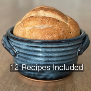 Bread Baker - Pottery Bread Baking Pot in Blue Glaze - 12 Recipes Included - Stoneware Bread Baker- In Stock - Ceramic Baker