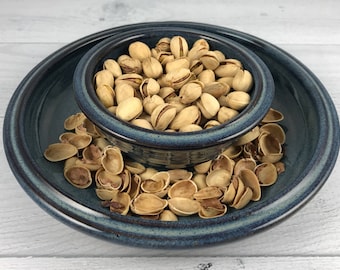 Pistachio Bowl - Double Dish Nut Bowl - Ceramic Nut Bowl - Edamame Bowl - Denim Blue Glaze - Personal Size Snack Bowl