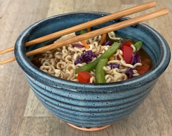 Rice Bowl - Ramen Bowl - Pho Bowl - Ceramic Bowl with Chopsticks - Stoneware Rice Bowl - Denim Blue Glaze - In Stock, Ready to Ship