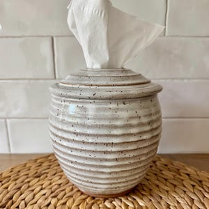 May include: A round, off-white ceramic tissue holder with a ribbed, horizontal texture and dark brown speckles throughout the glaze. The container features a matching removable lid with a central opening, through which a white tissue is pulled upward.