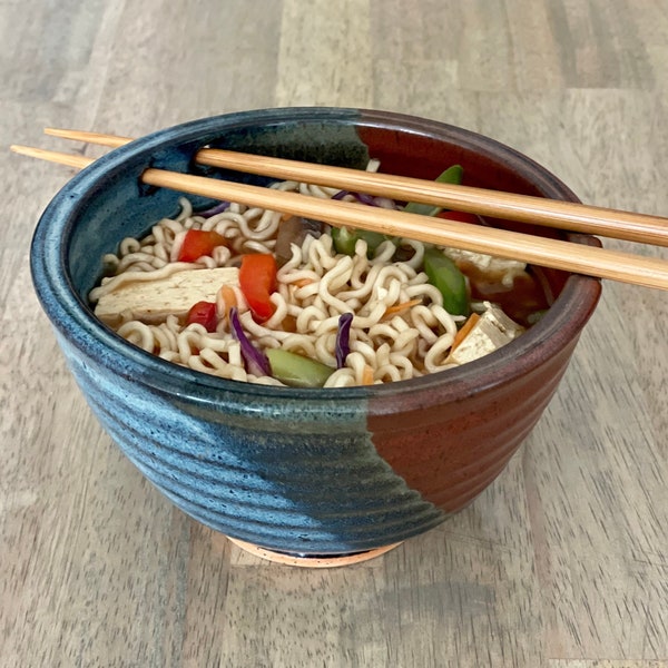 Ramen Bowl - Noodle Bowl - Rice Bowl - Ceramic Bowl with Chopsticks - Pho Bowl- Stoneware Rice Bowl - Tri Color Glaze - Ready to Ship
