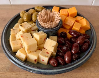 Olive Dish - Snack Tray - Serving Platter with Toothpick Holder - Ceramic Appetizer Platter - Blue Glaze - Ceramic Snack Tray - In Stock
