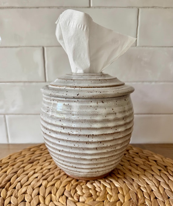 Ceramic Tissue Dispenser - Tissue Jar - Decorative Tissue Holder - Speckled White  Ceramic Jar - Handmade Stoneware Tissue Holder