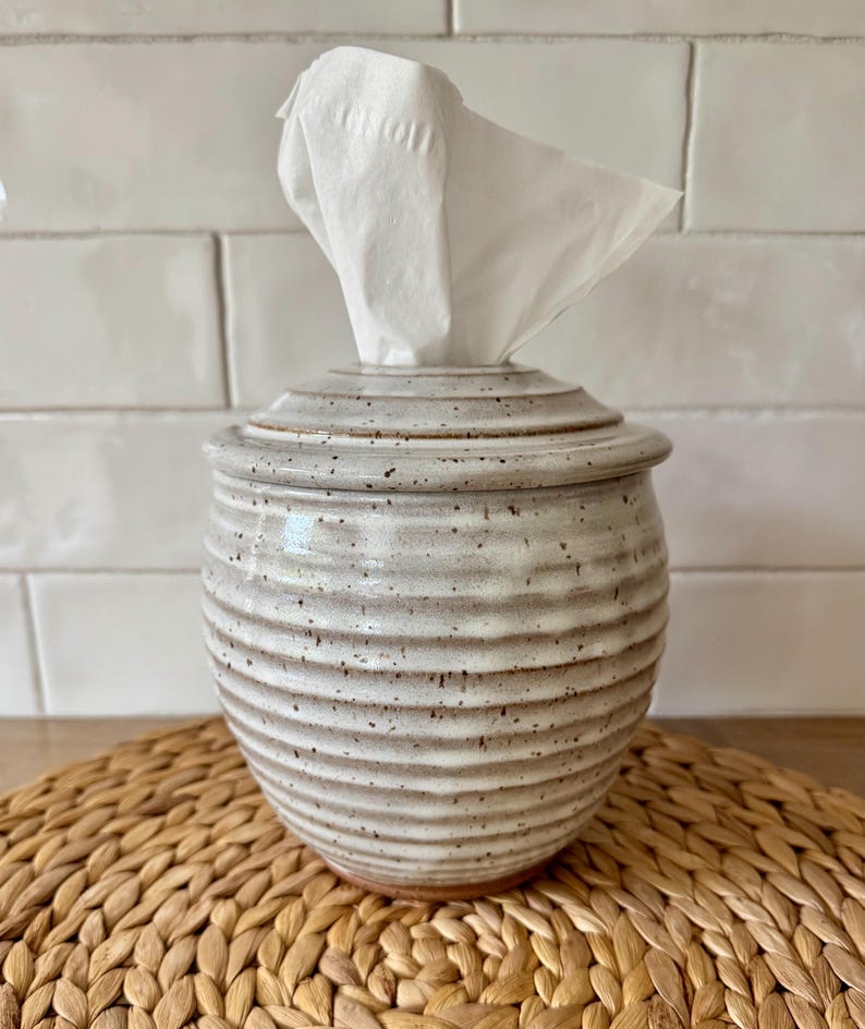 May include: A round, off-white ceramic tissue holder with a ribbed, horizontal texture and dark brown speckles throughout the glaze. The container features a matching removable lid with a central opening, through which a white tissue is pulled upward.