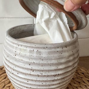 May include: A round, speckled off-white ceramic canister with horizontal ridges and a matching lid. The canister contains white tissues, with one tissue partially pulled through the opening in the lid. The ceramic features a visible brown clay rim.