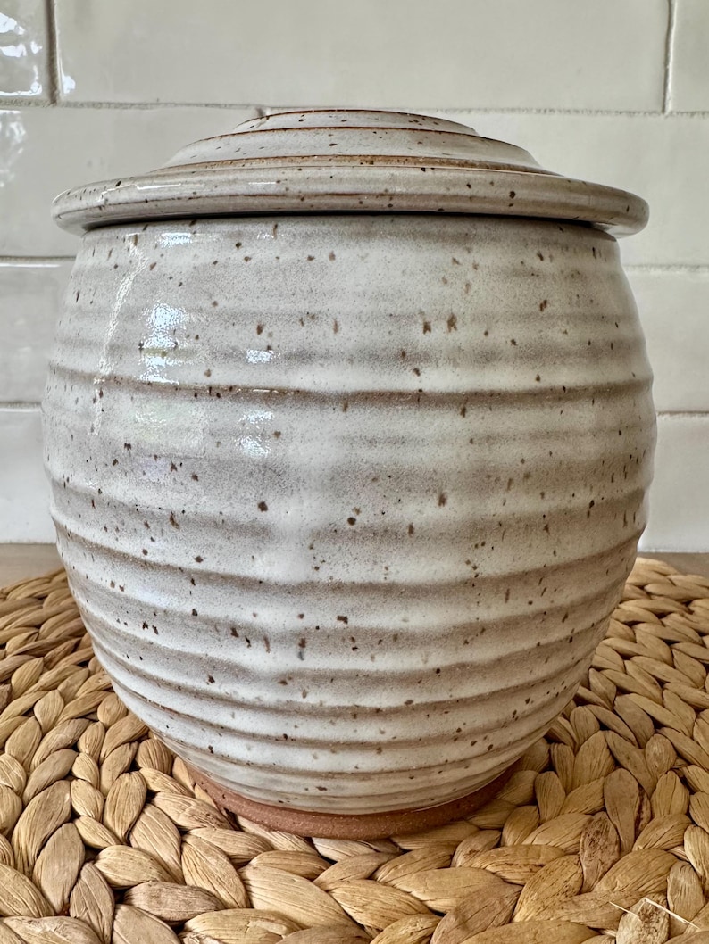 May include: A round ceramic canister with a lid, featuring a cream-colored glaze with brown speckles and horizontal ribbed textures. The base of the canister is exposed brown clay, and the overall shape is bulbous with a slightly tapered neck.