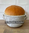 Bread Baker, Pottery Bread Baking Crock with 12 Recipes Included, Ceramic Baker, Speckled White Glaze