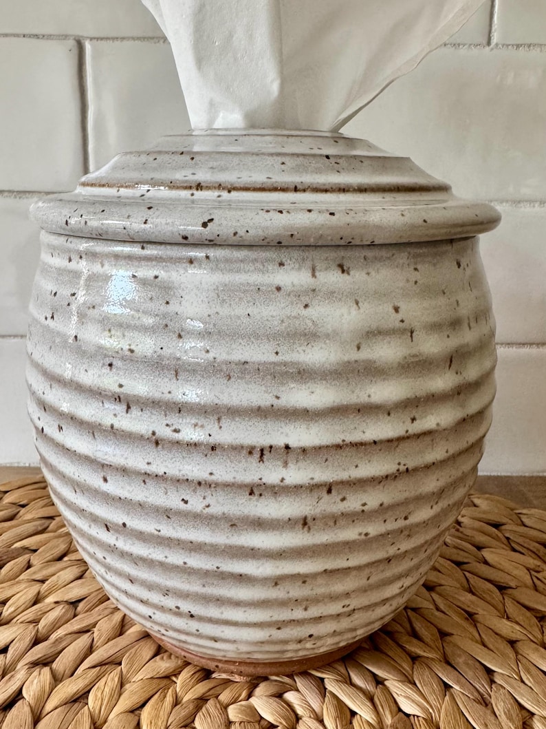 May include: A round, ceramic tissue holder with a glossy, off-white glaze and a speckled brown finish. The container features horizontal, ribbed ridges along its body and a matching lid with a central opening for dispensing white tissues.
