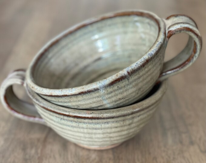Handmade Soup Bowls, Set of Two Handled Soup Bowls, Pair of Large Soup