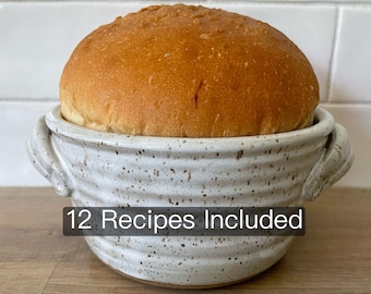 Bread Baker, Pottery Bread Baking Crock with 12 Recipes Included, Ceramic Baker, Speckled White Glaze, In Stock, Ready to Ship