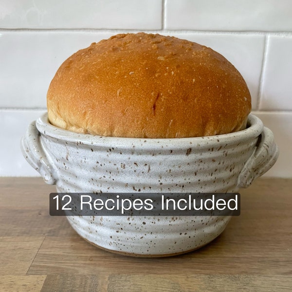 Bread Baker, Pottery Bread Baking Crock with 12 Recipes Included, Ceramic Baker, Speckled White Glaze, In Stock, Ready to Ship