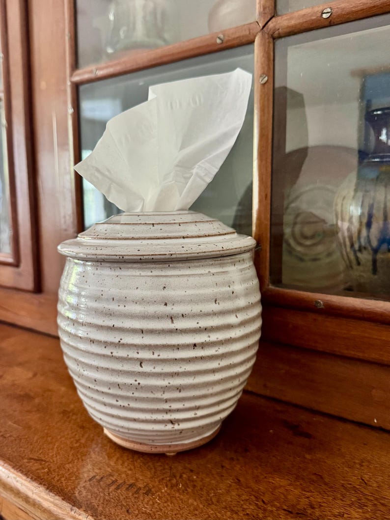May include: A round, off-white ceramic tissue holder with a ribbed, textured surface and dark brown speckles throughout. The container features a matching removable lid with a central opening, from which a single white facial tissue is protruding.