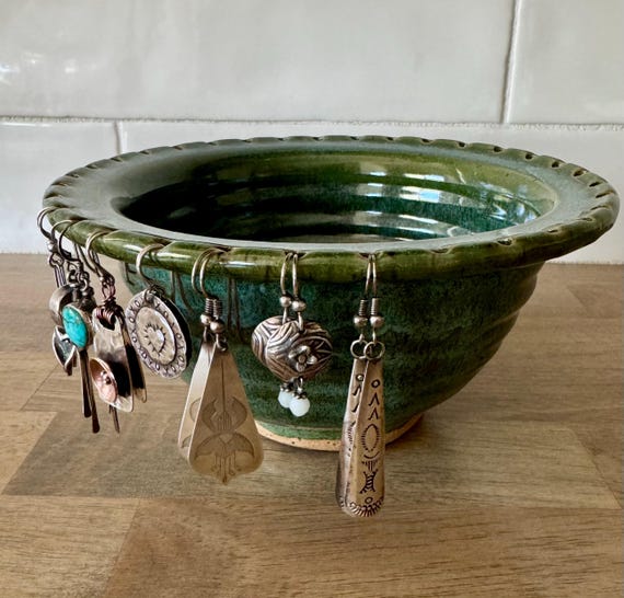 Earring Bowl Jewelry Bowl Earring Holder jewelry Organizer Mossy Green Glaze jewelry Storage Bowl by Neal Pottery Ready to Ship Etsy