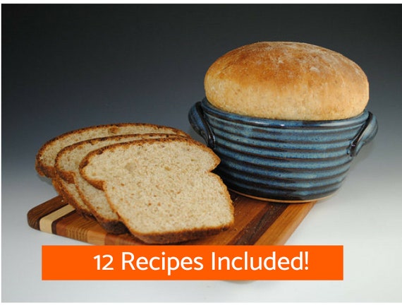 Bread Baker - Pottery Bread Baking Pot in Blue Glaze - 12 Recipes Included - Stoneware Bread Baker - In Stock and Ready to Ship