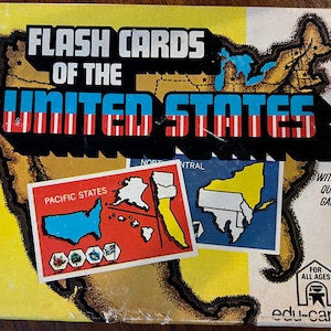 Tarjetas didácticas de Estados Unidos de 1975 con juego de preguntas, fabricadas en EE. UU., papel antiguo educativo.