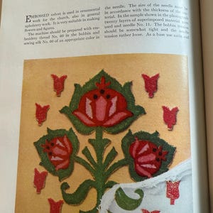 May include: An illustration from a vintage book shows a floral design in red, green, and yellow. The design features stylized flowers and leaves, with the text "Imitation Embossed Velvet" at the top.