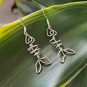 Wire Fish Bone Earrings, handmade spiral animal skeleton design, hanging dangle ear piercing pair, boho grunge fun jewelry, nickel free
