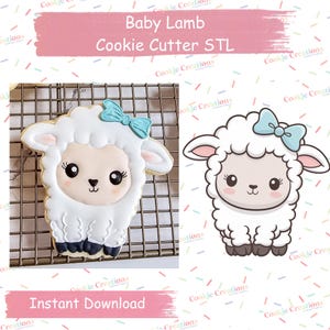 May include: A baby lamb cookie cutter STL design. The image shows a decorated cookie and a cartoon illustration of a lamb with a blue bow. The cookie has white frosting, a light brown face, and black eyes. The text "Baby Lamb Cookie Cutter STL" is displayed.