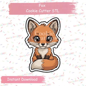 Puede incluir: Un diseño STL de cortador de galletas de zorro de dibujos animados. El zorro es naranja, blanco y marrón con ojos grandes y una expresión amigable. El texto "Fox Cookie Cutter STL" está encima del zorro y "Instant Download" debajo.