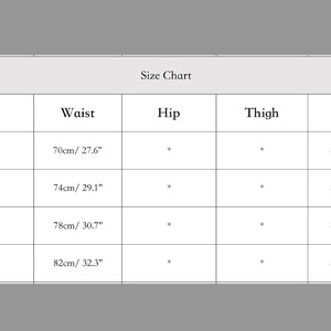 Puede incluir: Tabla de tallas para ropa con medidas en pulgadas y cent&iacute;metros. La tabla muestra las medidas de cintura, cadera, muslo y longitud para las tallas S, M, L y XL.