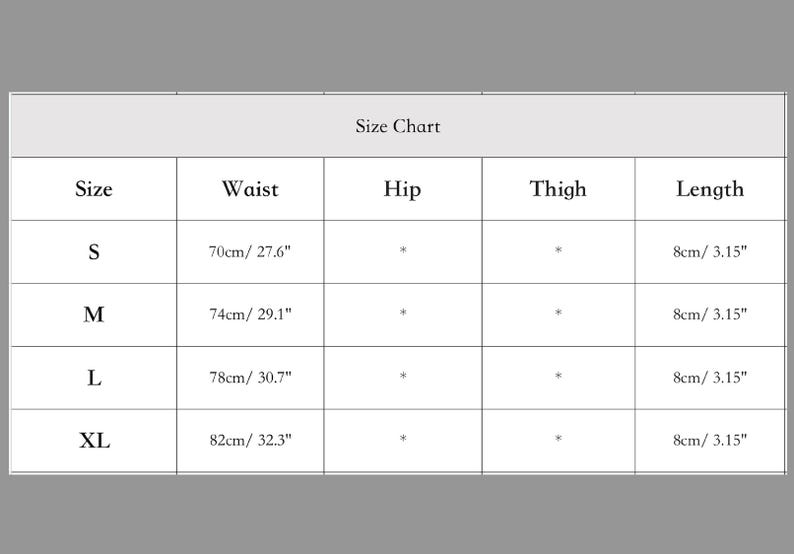 Puede incluir: Tabla de tallas para ropa con medidas en pulgadas y cent&iacute;metros. La tabla muestra las medidas de cintura, cadera, muslo y longitud para las tallas S, M, L y XL.