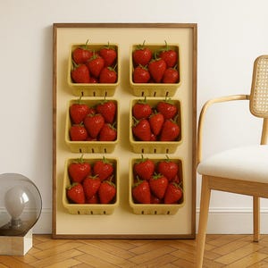 Strawberry Baskets Poster - Farmers Market Fruit Wall Art - Bright Red Kitchen Decor - Minimalist Fresh Produce Print - Modern Foodie Aesthe