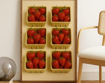 Poster con cestini di fragole - Decorazione murale con frutta del mercato agricolo - Decorazione da cucina rosso brillante - Stampa minimalista con prodotti freschi - Modern Foodie Aesthe