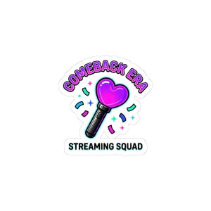 May include: A sticker featuring a heart-shaped light stick with the text "COMEBACK ERA" and "STREAMING SQUAD". The light stick is purple and black, surrounded by colorful confetti.