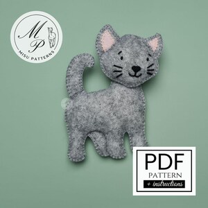 Patrón de costura de fieltro gris con diseño de gato, regalo para amantes de los gatos (descarga digital en PDF)