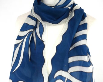 Navy scarf, peacock scarf , silk scarf hand painted,