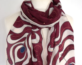 Maroon wine scarf, peacock feathers scarf , mother of the bride scarf