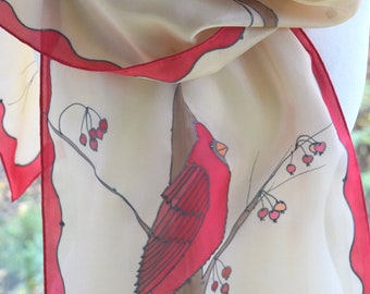 Red cardinal scarf, bird silk scarf, cardinal gift