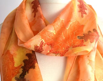 Orange leaves scarf / orange silk scarf / orange yellow scarf