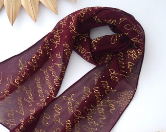 Tolkien book scarf , maroon book quote scarf from Tolkien