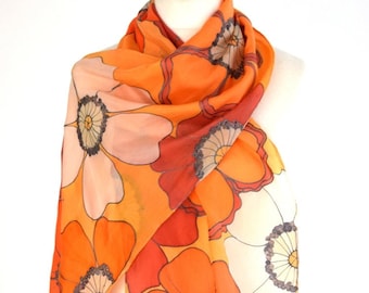 Floral Orange Silk Scarf, flower scarf, orange silk scarf