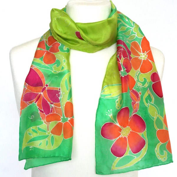 Green Silk Scarf. Fight LYME disease. Hand painted silk scarf