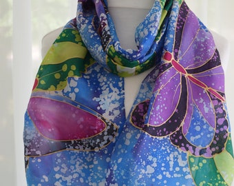 Silk scarf hand painted , blue butterfly scarf, butterfly batik scarf