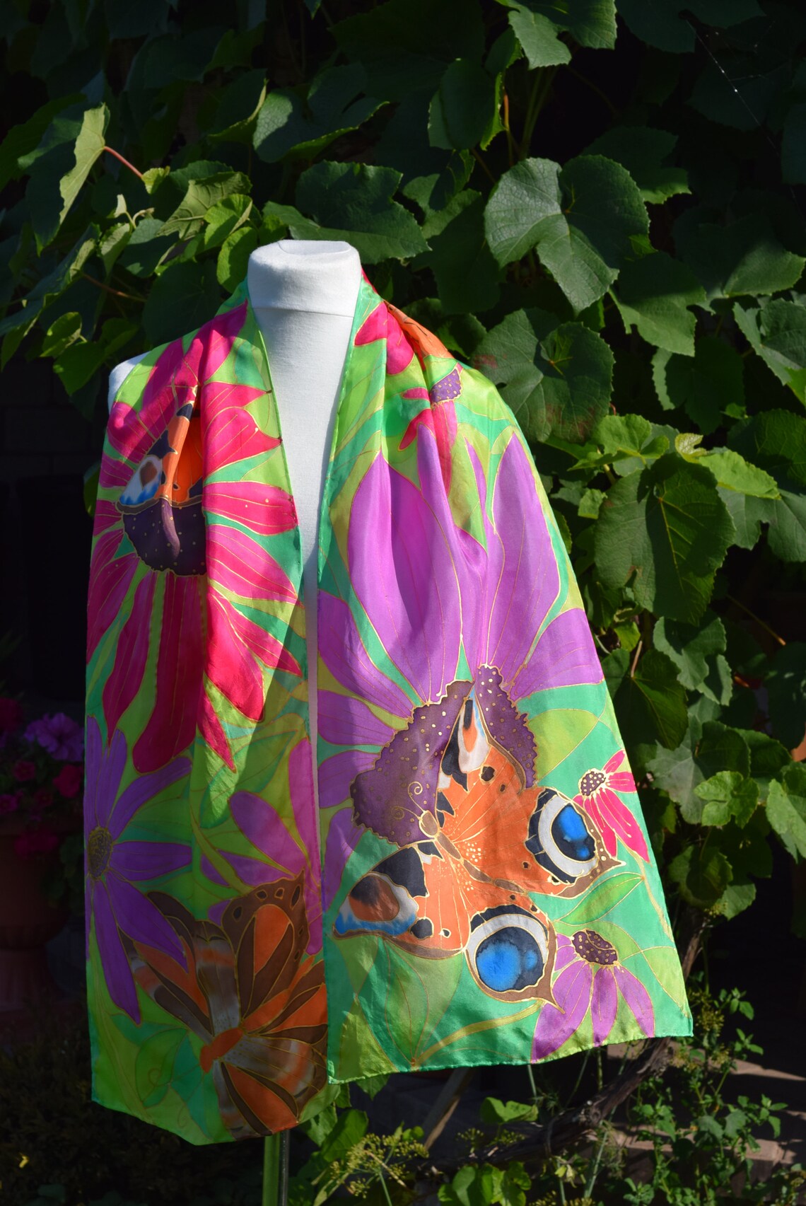 Leafy green hot pink scarf Floral scarf butterfly scarf | Etsy