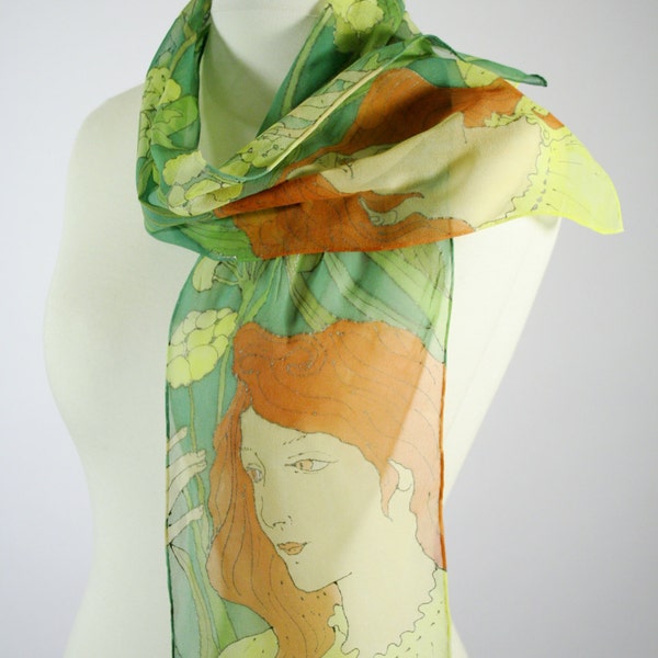 Ladies art nouveau scarf,  hand painted scarf, silk scarf